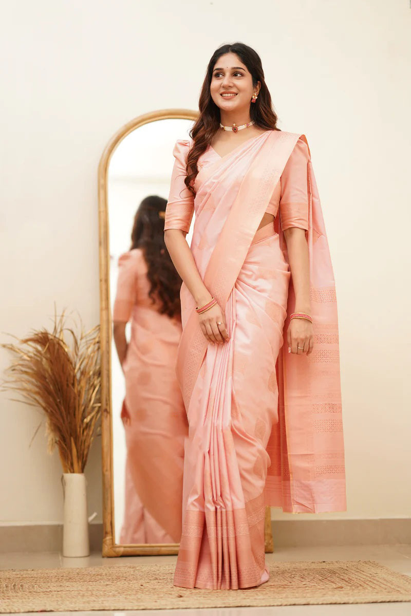 Gleaming Baby Pink Color Soft Lichi Silk Saree With Blouse Piece