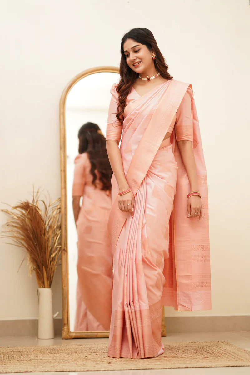 Gleaming Baby Pink Color Soft Lichi Silk Saree With Blouse Piece