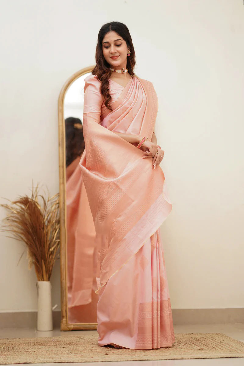 Gleaming Baby Pink Color Soft Lichi Silk Saree With Blouse Piece