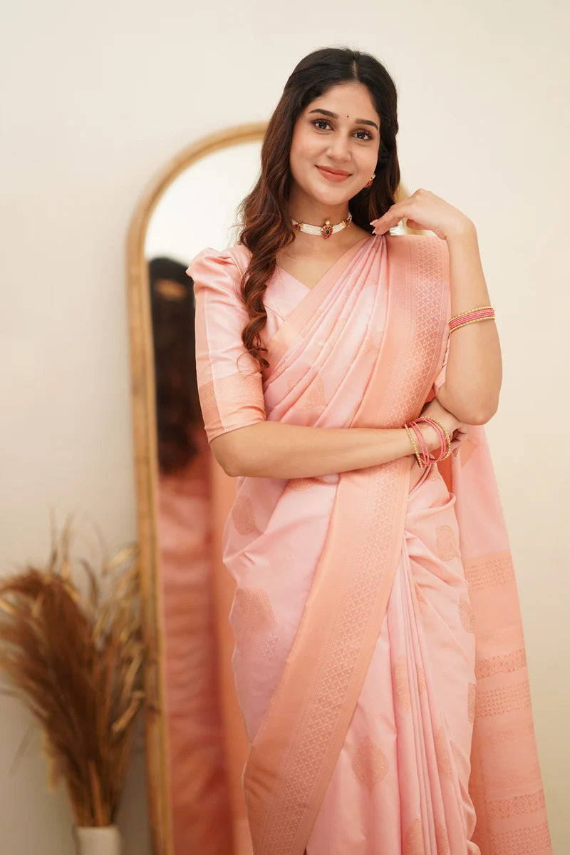 Gleaming Baby Pink Color Soft Lichi Silk Saree With Blouse Piece