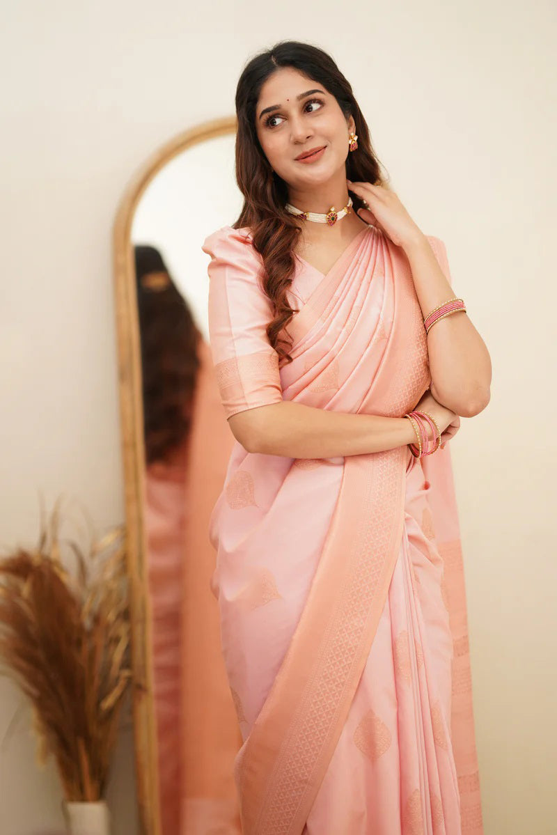 Gleaming Baby Pink Color Soft Lichi Silk Saree With Blouse Piece