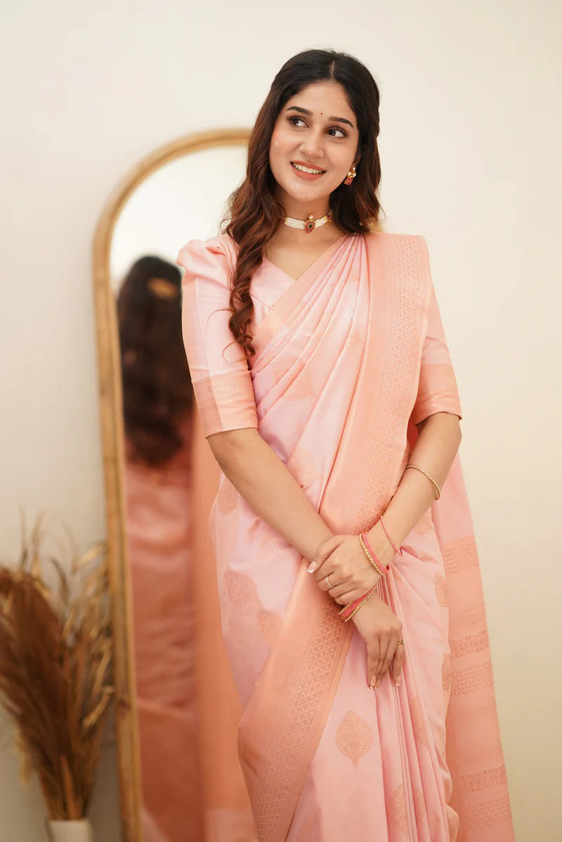 Gleaming Baby Pink Color Soft Lichi Silk Saree With Blouse Piece