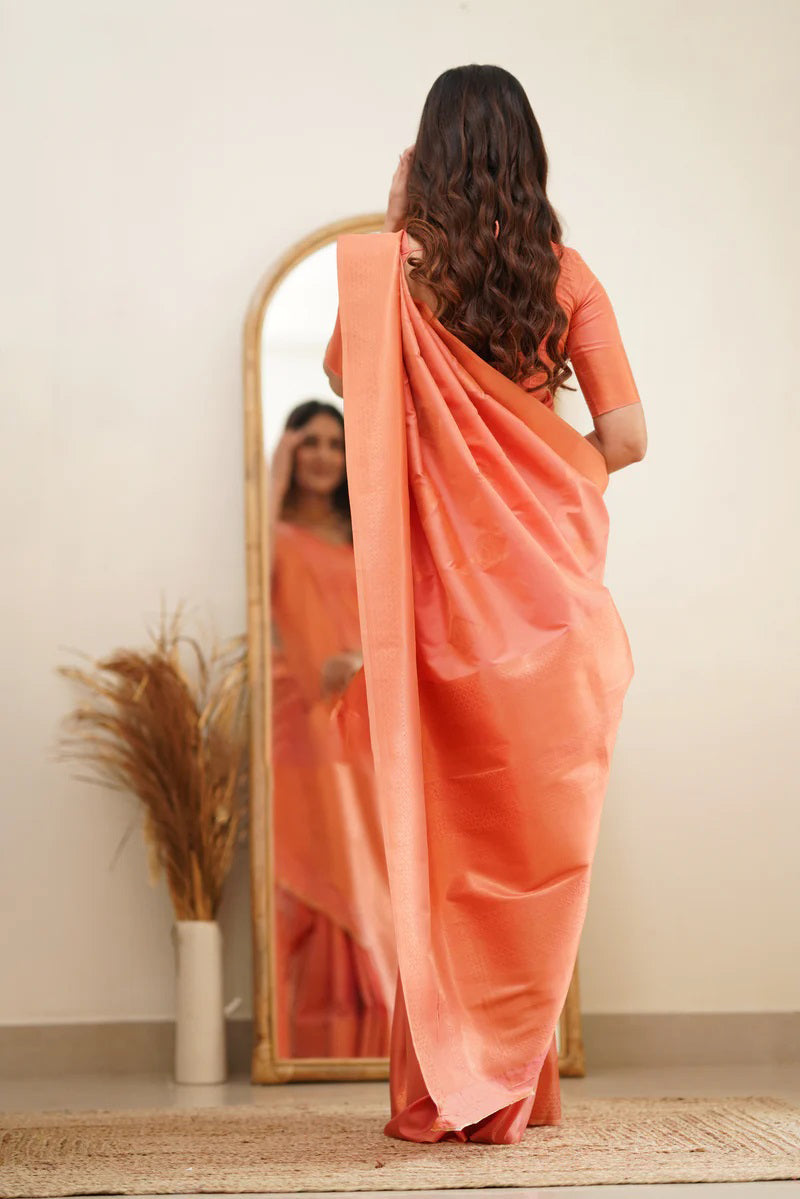 Dazzling Peach Color Soft Lichi Silk Saree With Blouse Piece