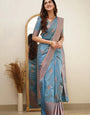 Glazed Sky Blue Color Soft Lichi Silk Saree With Blouse Piece