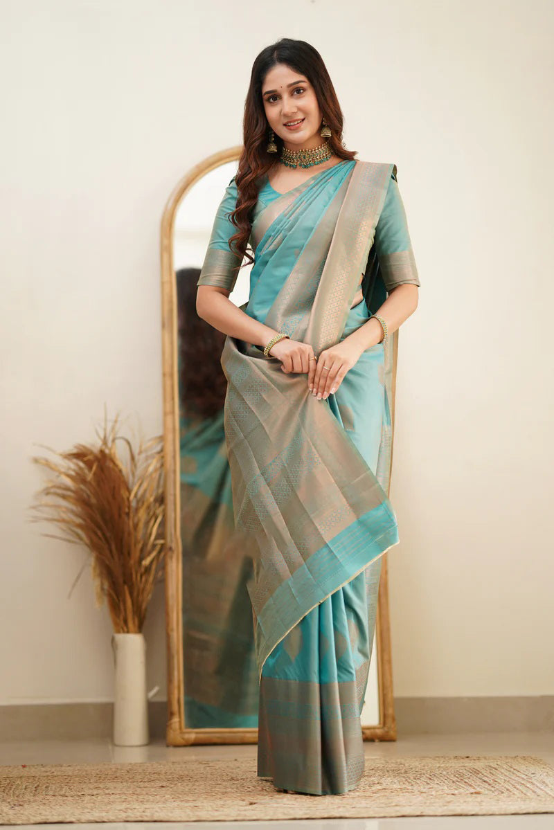 Stylish Turquoise Blue Color Soft Lichi Silk Saree With Blouse Piece