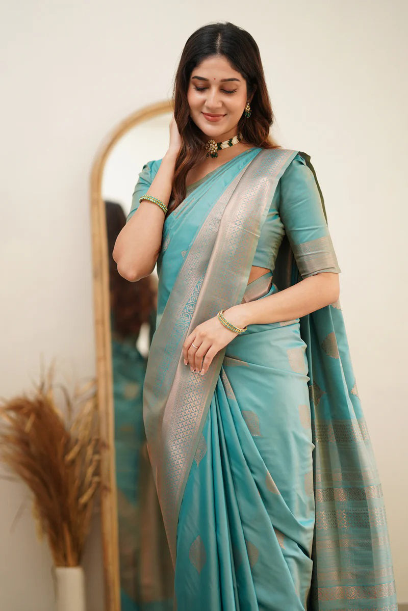 Stylish Turquoise Blue Color Soft Lichi Silk Saree With Blouse Piece