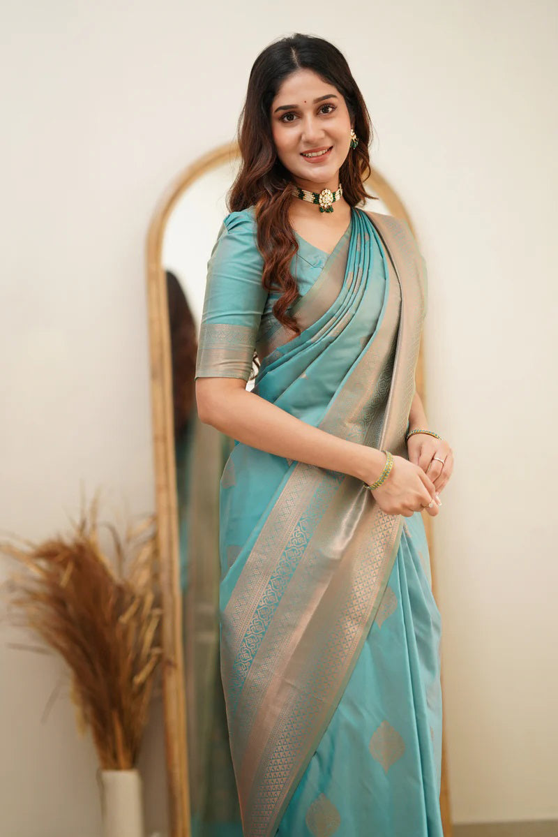 Stylish Turquoise Blue Color Soft Lichi Silk Saree With Blouse Piece