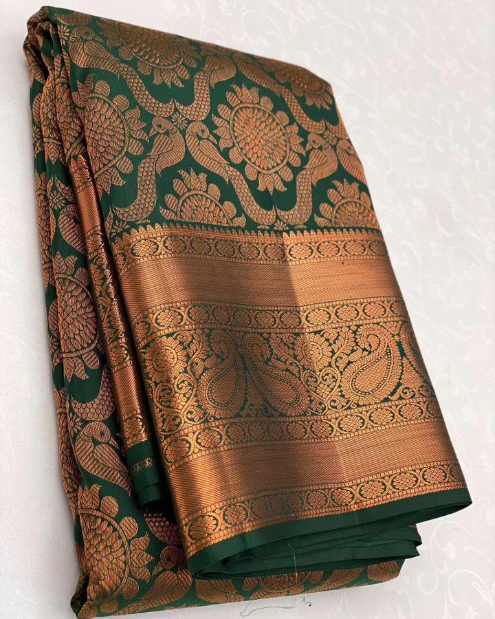 Delectable Dark Green Soft Silk Saree With Palimpsest Blouse Piece