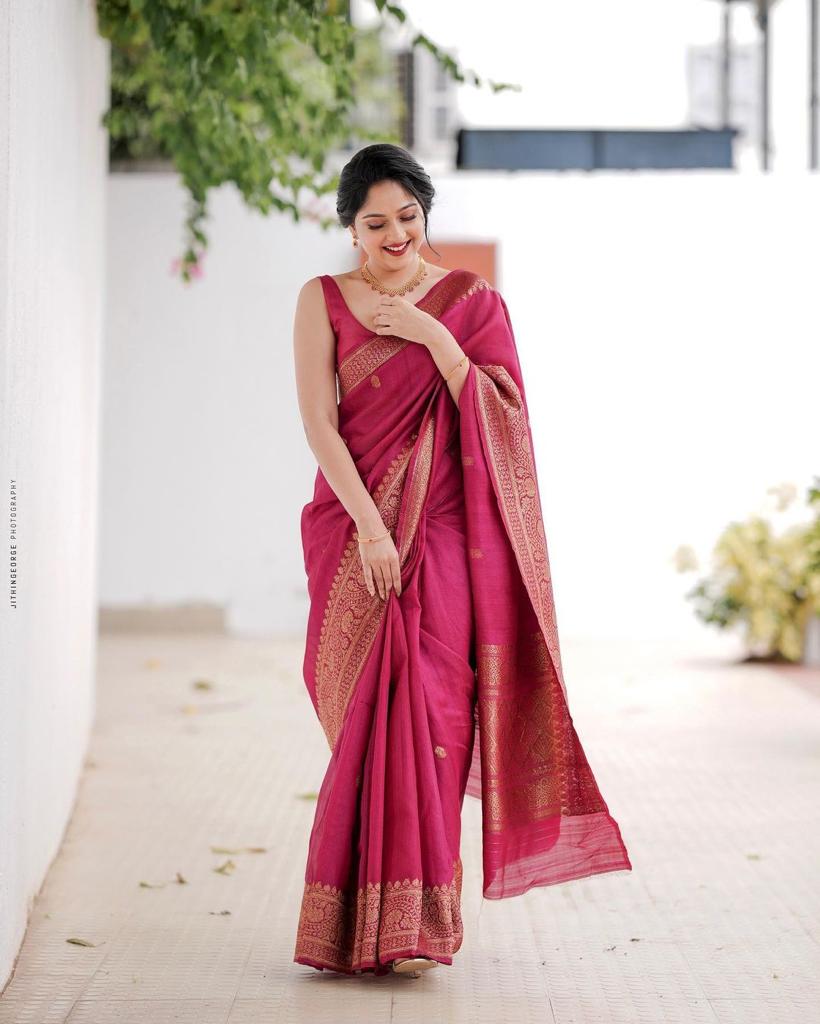 Luminous Dark Pink Color Soft Lichi Silk Saree With Blouse Piece