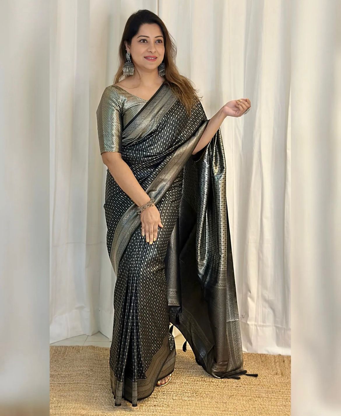 Sensual Black Color Soft Lichi Silk Saree With Blouse Piece