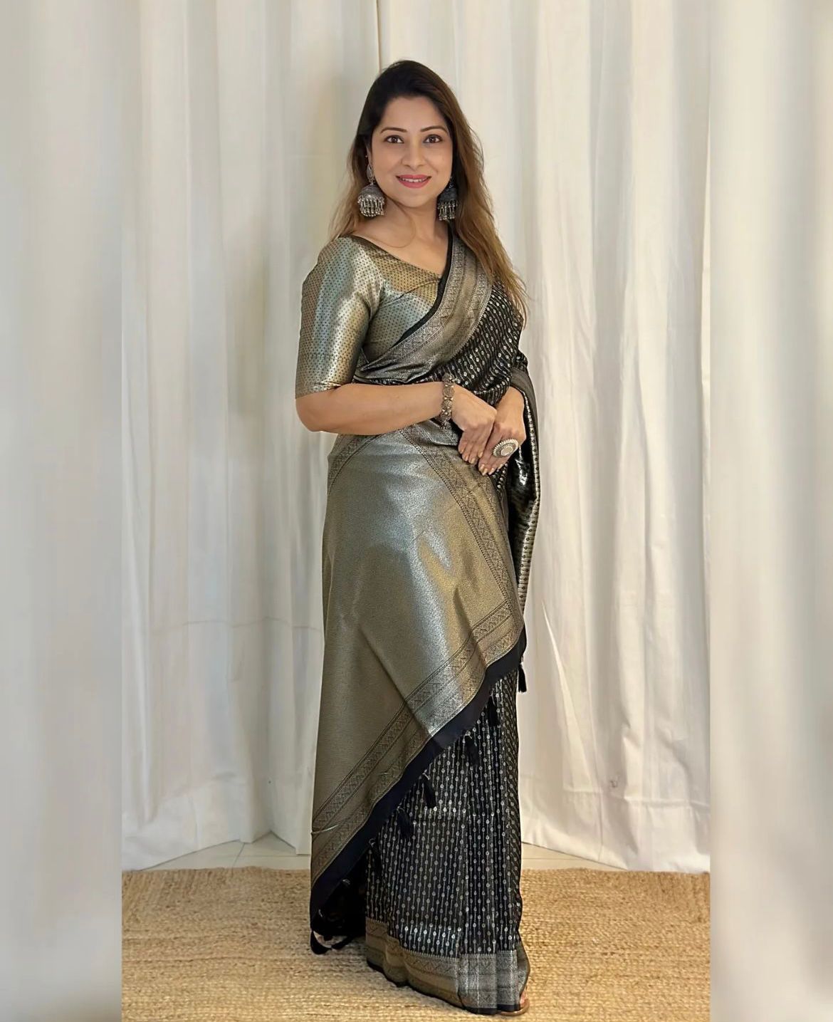 Sensual Black Color Soft Lichi Silk Saree With Blouse Piece