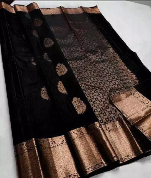 Smoldering Black Color Soft Lichi Silk Saree With Blouse Piece