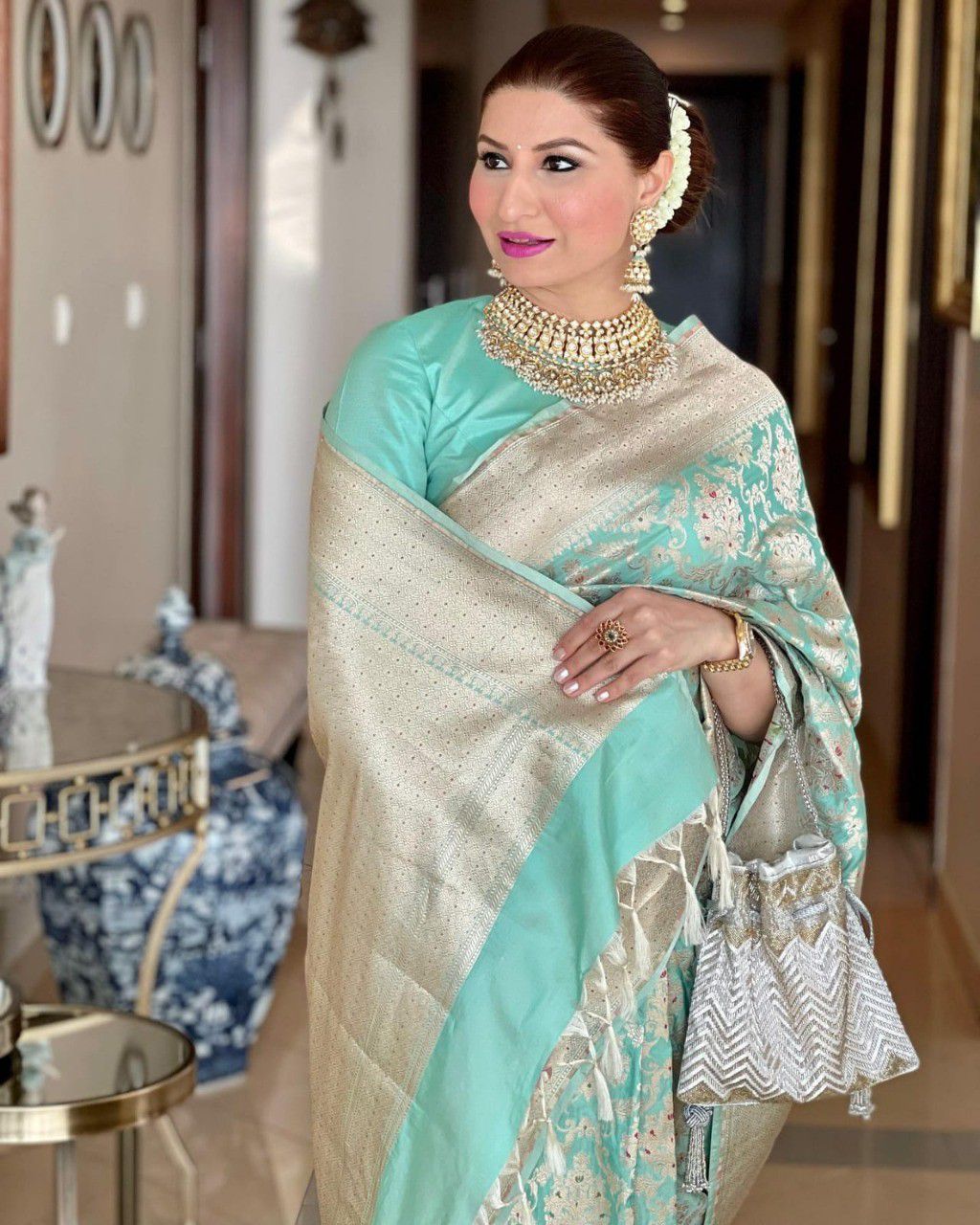 Provocative Sea Green Color Soft Lichi Silk Saree With Blouse Piece