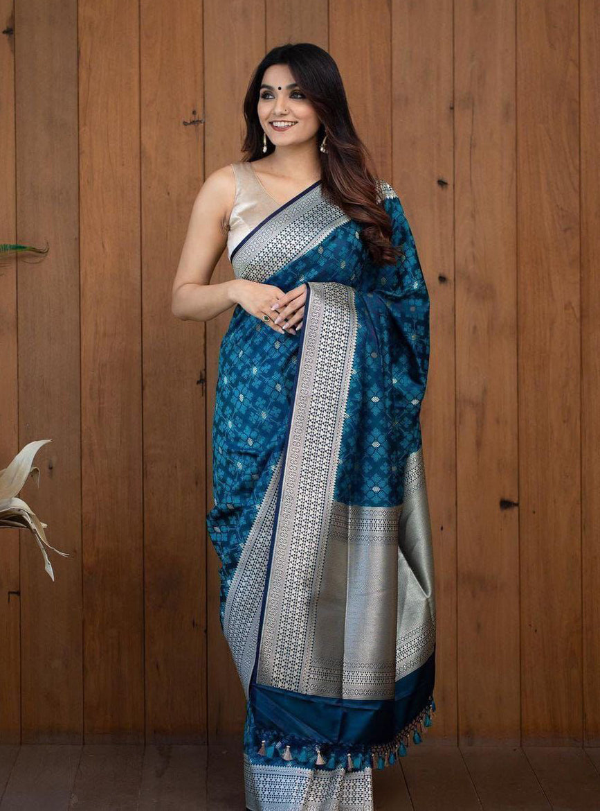 Ethereal Teal Blue Color Soft Lichi Silk Saree With Blouse Piece