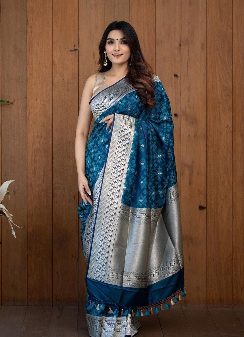 Ethereal Teal Blue Color Soft Lichi Silk Saree With Blouse Piece