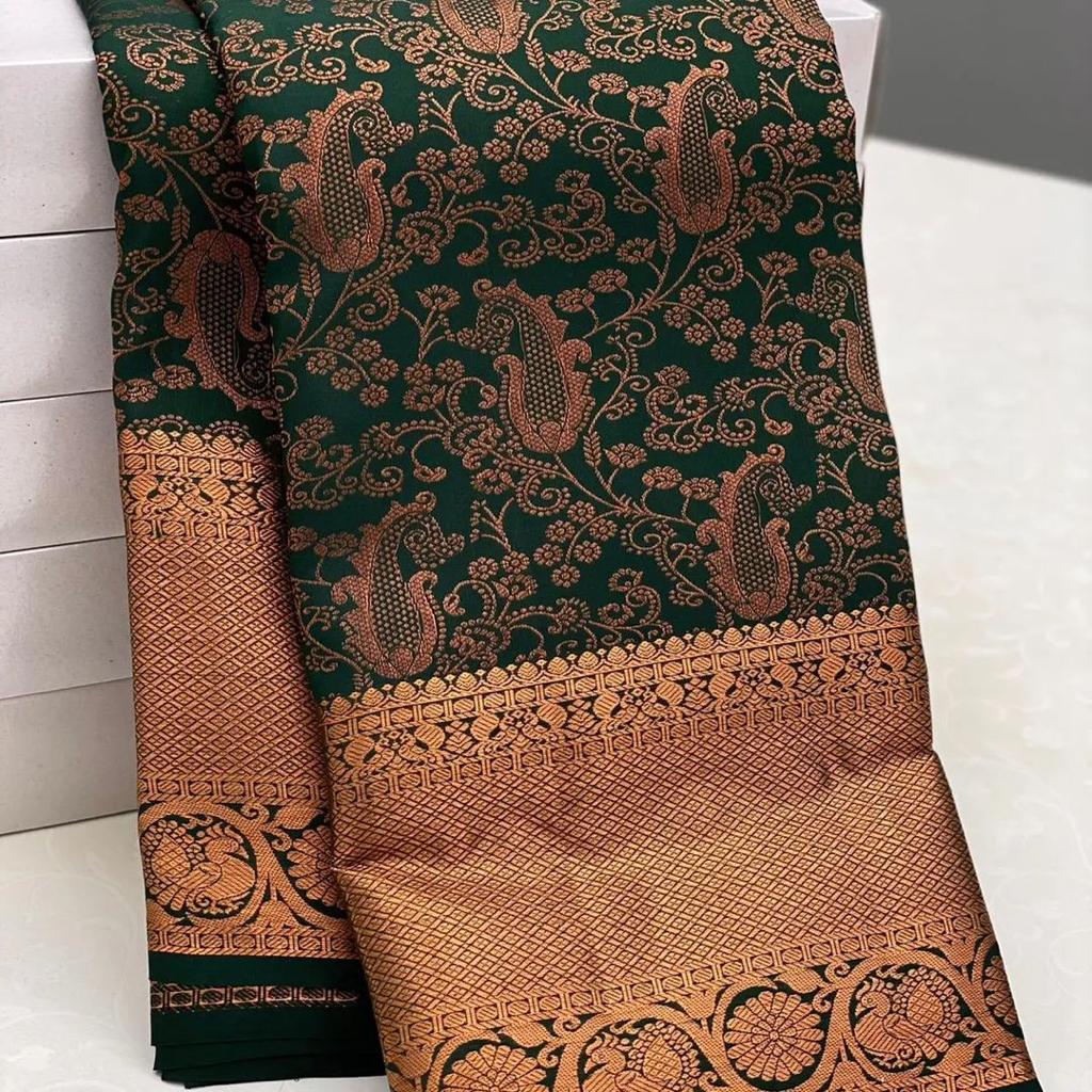 Radiant Dark Green Color Soft Lichi Silk Saree With Blouse Piece