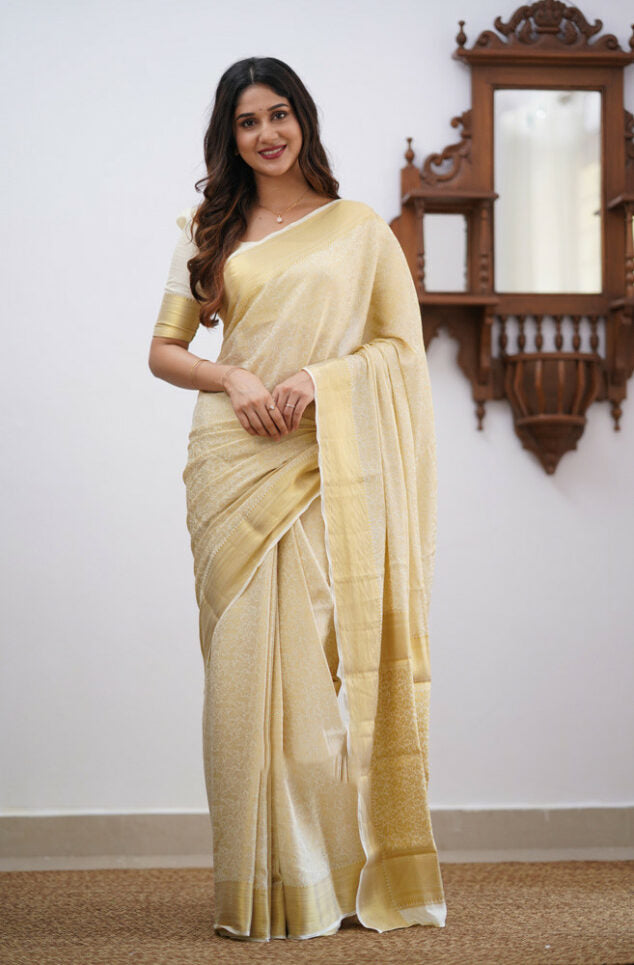 Appealing Beige Color Soft Lichi Silk Saree With Blouse Piece