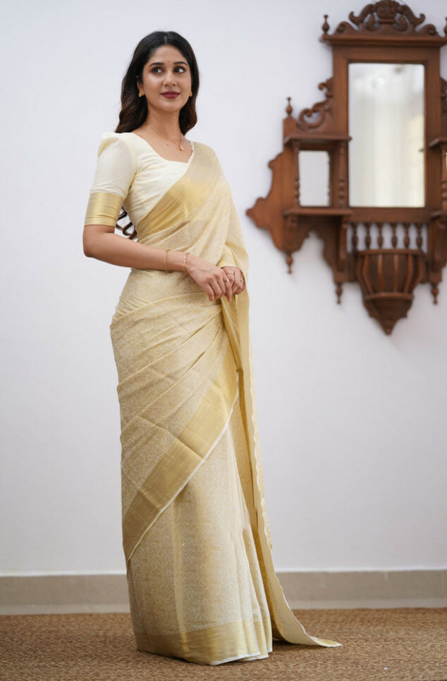 Appealing Beige Color Soft Lichi Silk Saree With Blouse Piece