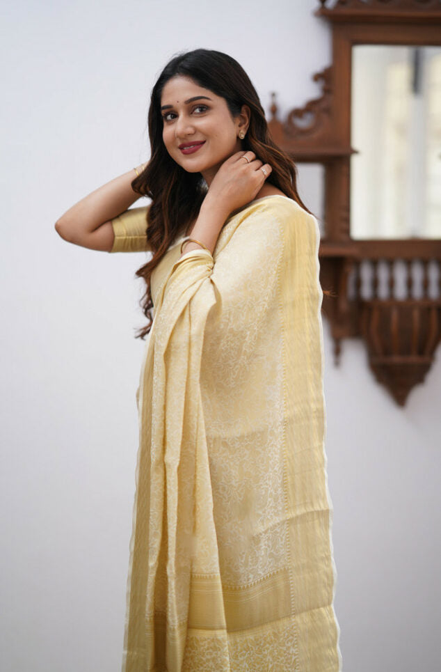 Appealing Beige Color Soft Lichi Silk Saree With Blouse Piece