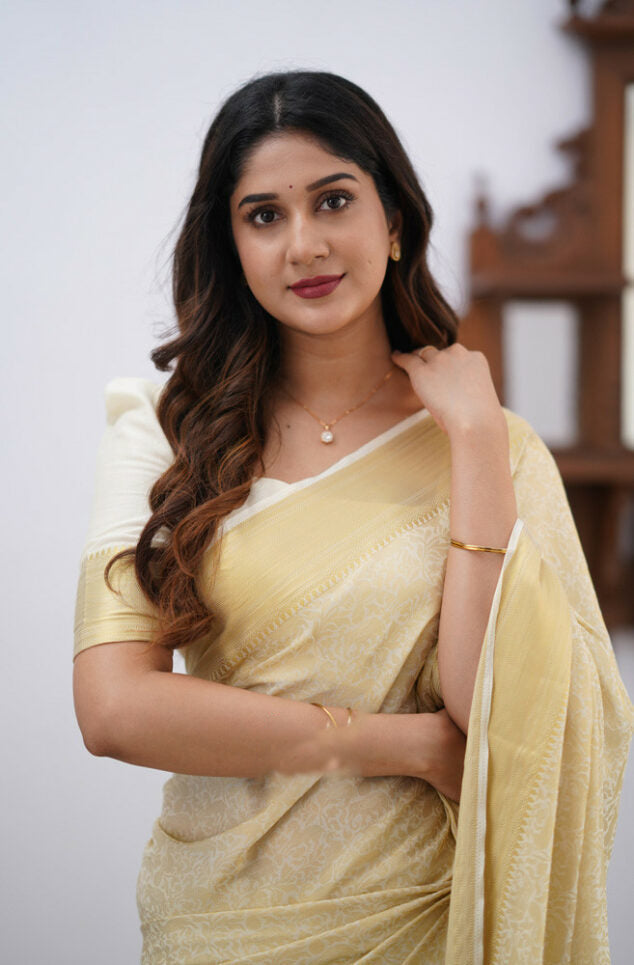 Appealing Beige Color Soft Lichi Silk Saree With Blouse Piece