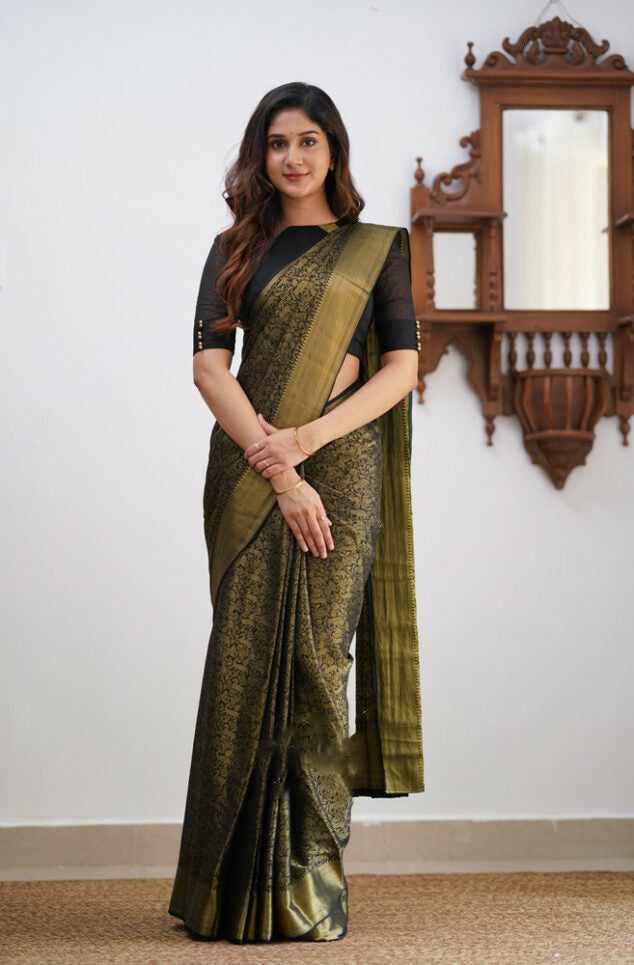 Sultry Black Color Soft Lichi Silk Saree With Blouse Piece