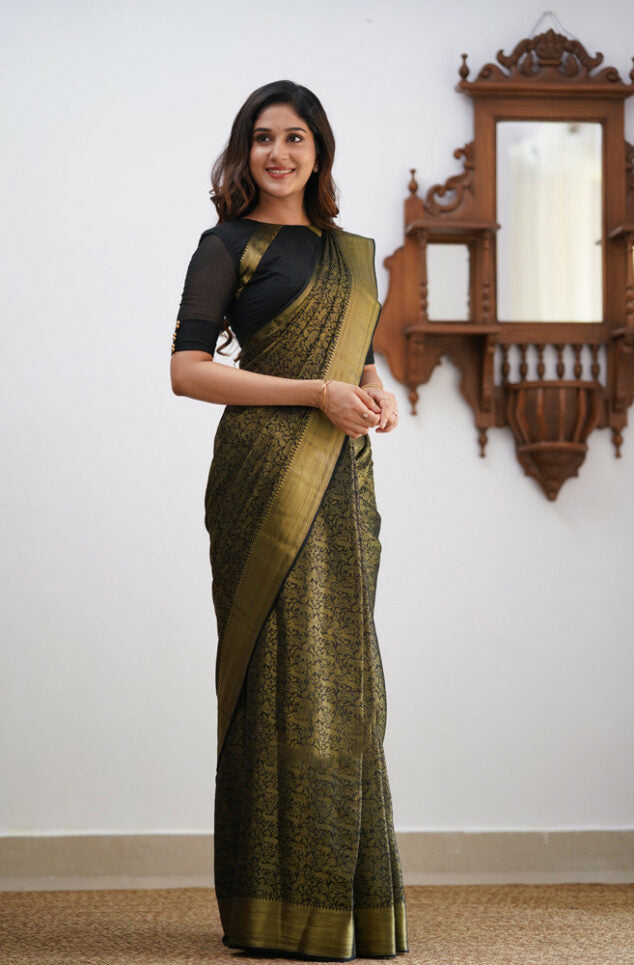 Sultry Black Color Soft Lichi Silk Saree With Blouse Piece