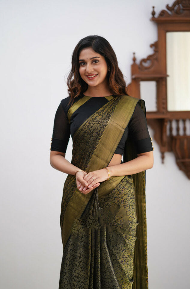 Sultry Black Color Soft Lichi Silk Saree With Blouse Piece