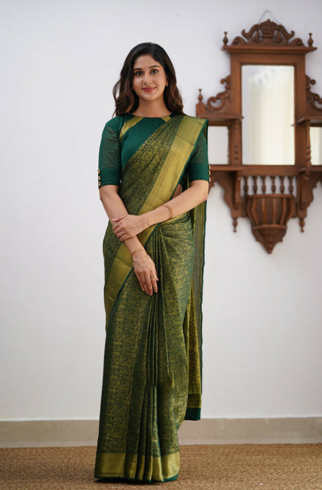 Divine Dark Green Color Soft Lichi Silk Saree With Blouse Piece