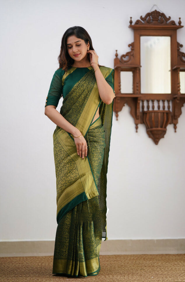 Divine Dark Green Color Soft Lichi Silk Saree With Blouse Piece