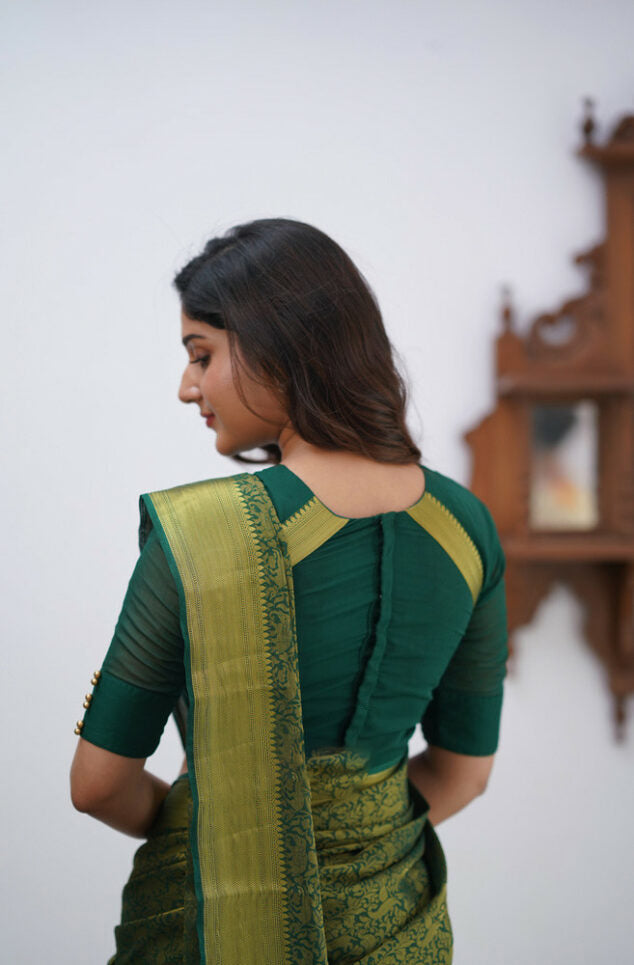 Divine Dark Green Color Soft Lichi Silk Saree With Blouse Piece