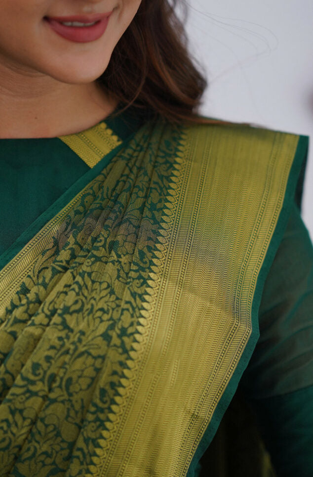 Divine Dark Green Color Soft Lichi Silk Saree With Blouse Piece