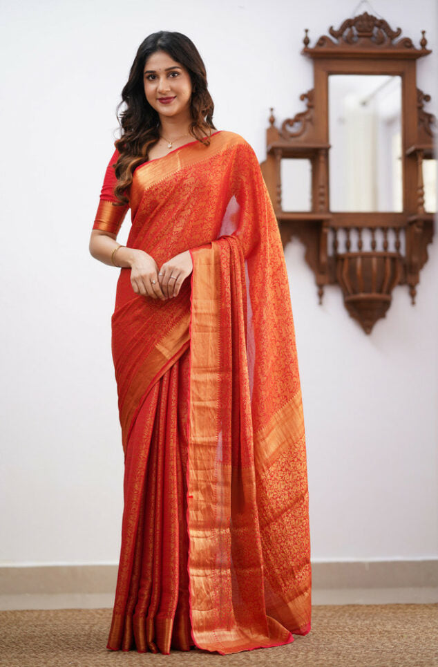 Trendsetting Red Color Soft Lichi Silk Saree With Blouse Piece