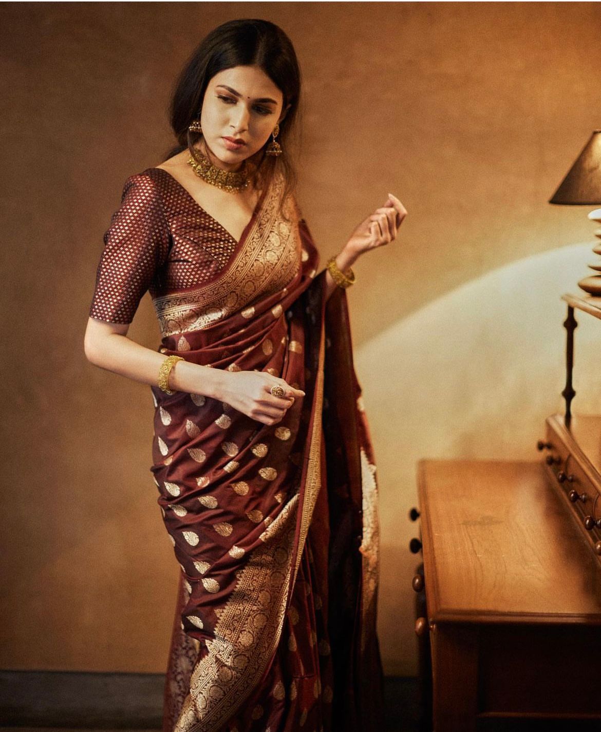 Enchanting Brown Color Soft Lichi Silk Saree With Blouse Piece