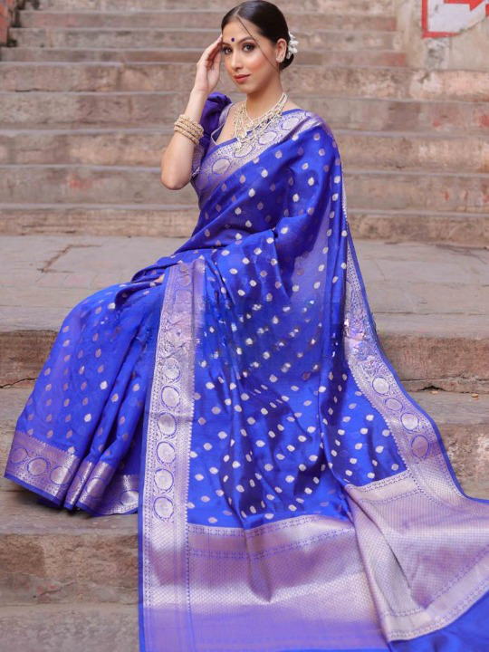 Splendid Blue Color Soft Lichi Silk Saree With Blouse Piece