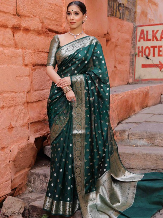 Halcyon Green Color Soft Lichi Silk Saree With Blouse Piece