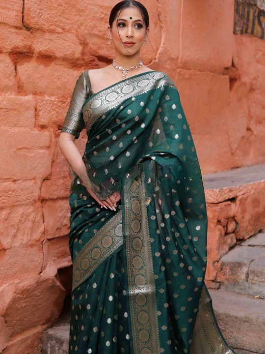 Halcyon Green Color Soft Lichi Silk Saree With Blouse Piece