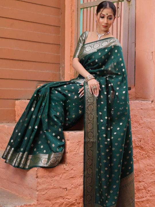 Halcyon Green Color Soft Lichi Silk Saree With Blouse Piece