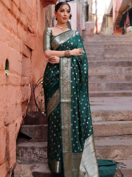 Halcyon Green Color Soft Lichi Silk Saree With Blouse Piece