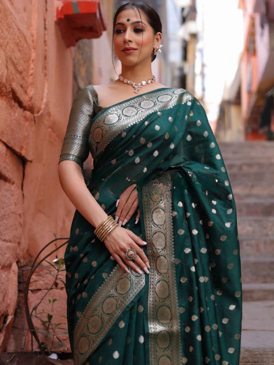 Halcyon Green Color Soft Lichi Silk Saree With Blouse Piece