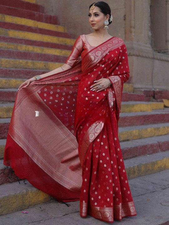 Stylish Red Color Soft Lichi Silk Saree With Blouse Piece