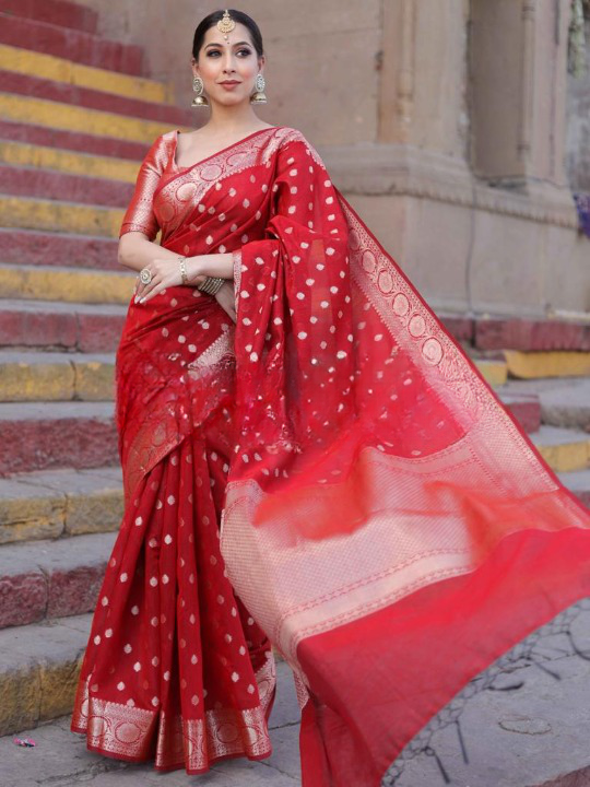 Stylish Red Color Soft Lichi Silk Saree With Blouse Piece