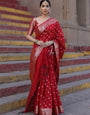 Stylish Red Color Soft Lichi Silk Saree With Blouse Piece