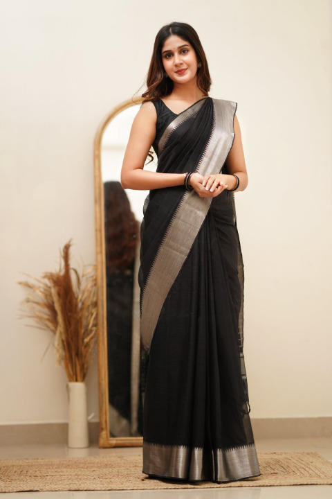 Exquisite Black Color Cotton Linen Silk Saree With Blouse Piece