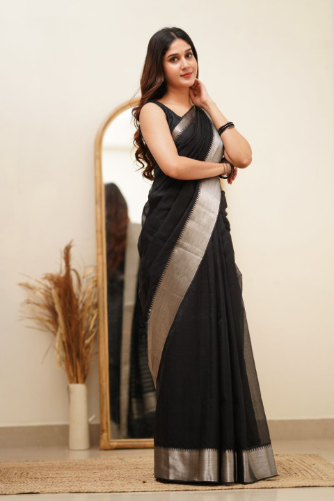 Exquisite Black Color Cotton Linen Silk Saree With Blouse Piece