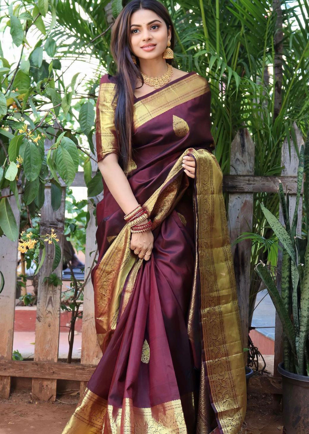 Breathtaking Wine Color Soft Lichi Silk Saree With Blouse Piece