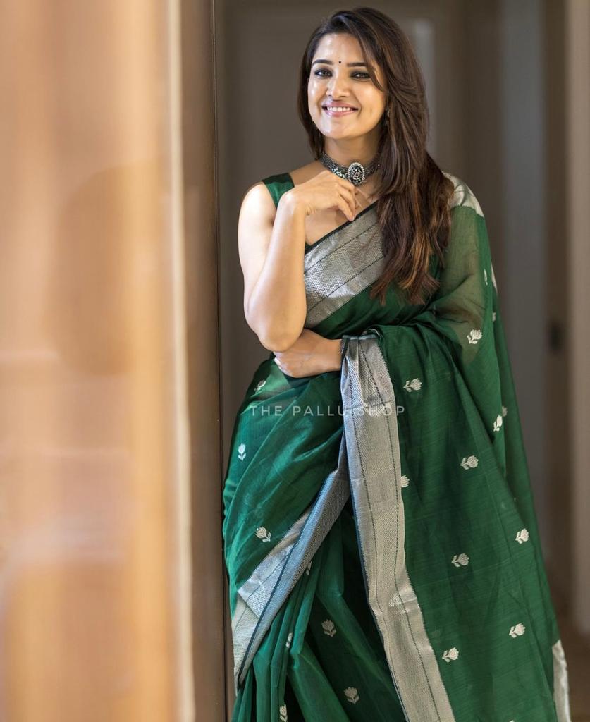 Resplendent Green Color Cotton Linen Silk Saree With Blouse Piece