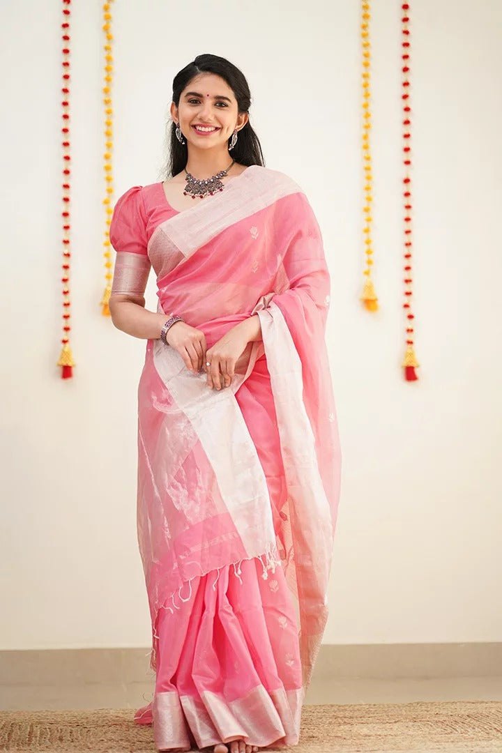 Delicate Pink Color Cotton Linen Silk Saree With Blouse Piece