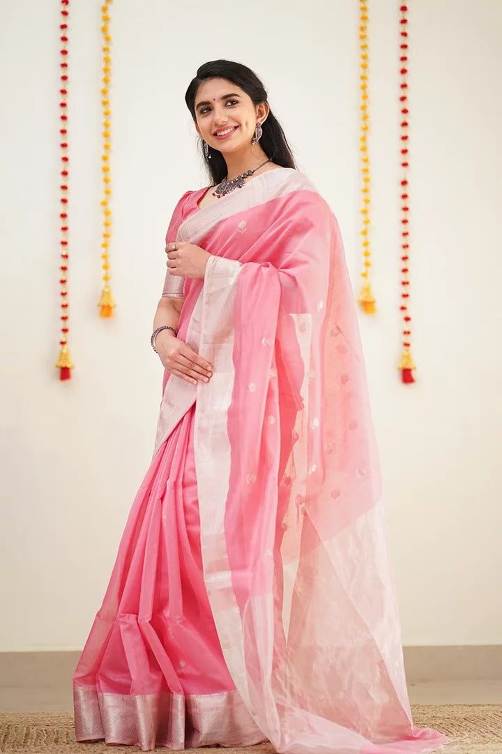 Delicate Pink Color Cotton Linen Silk Saree With Blouse Piece