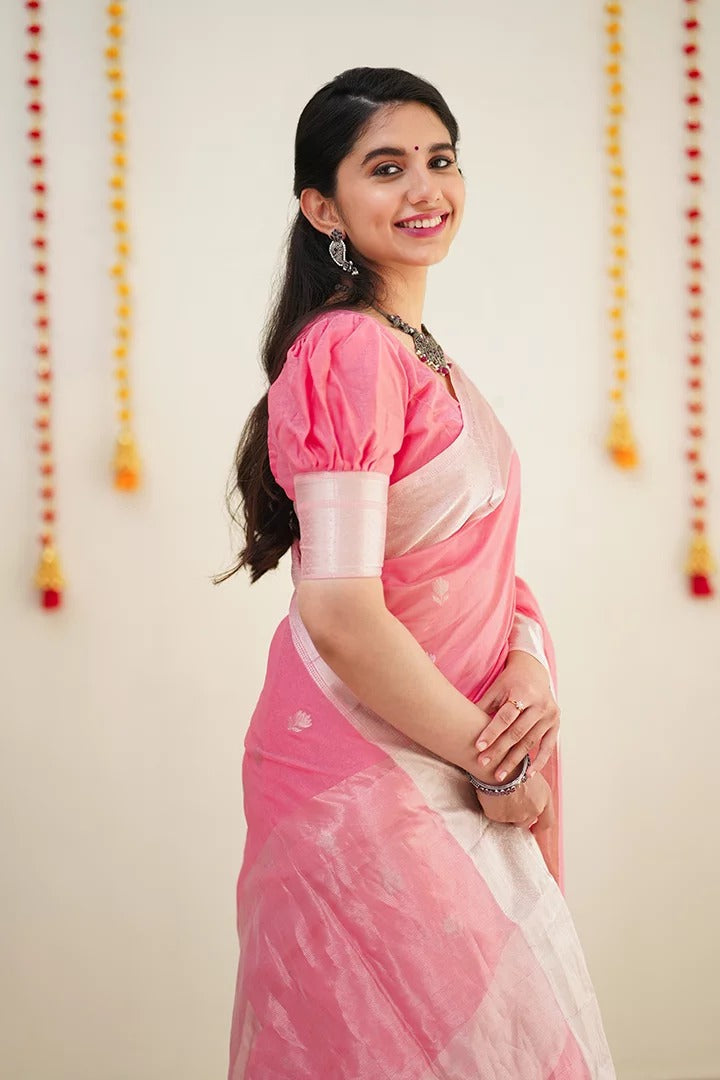 Delicate Pink Color Cotton Linen Silk Saree With Blouse Piece