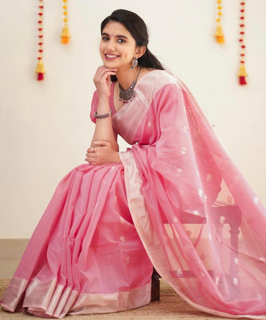 Delicate Pink Color Cotton Linen Silk Saree With Blouse Piece